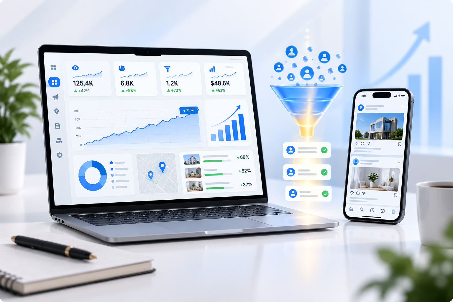 Digital marketing specialist workspace and growth analytics dashboard